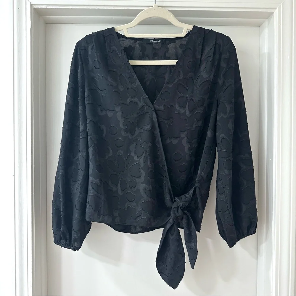 Madewell Black Floral Jacquard Side Tie Wrap Top, Size Medium - Picture 1 of 10